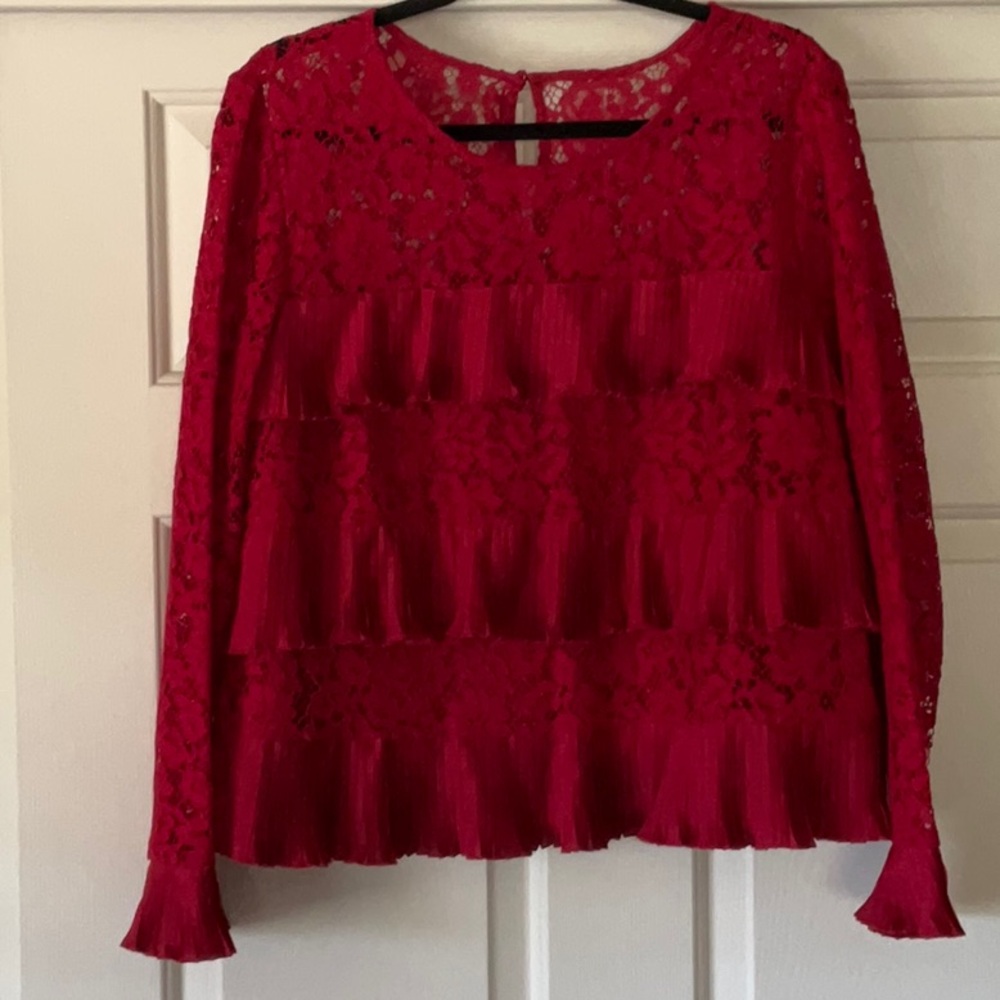 J.CREW STUNNING DEEP RED SIZE 16 LACE AND RUFFLE BLOUSE NWOT